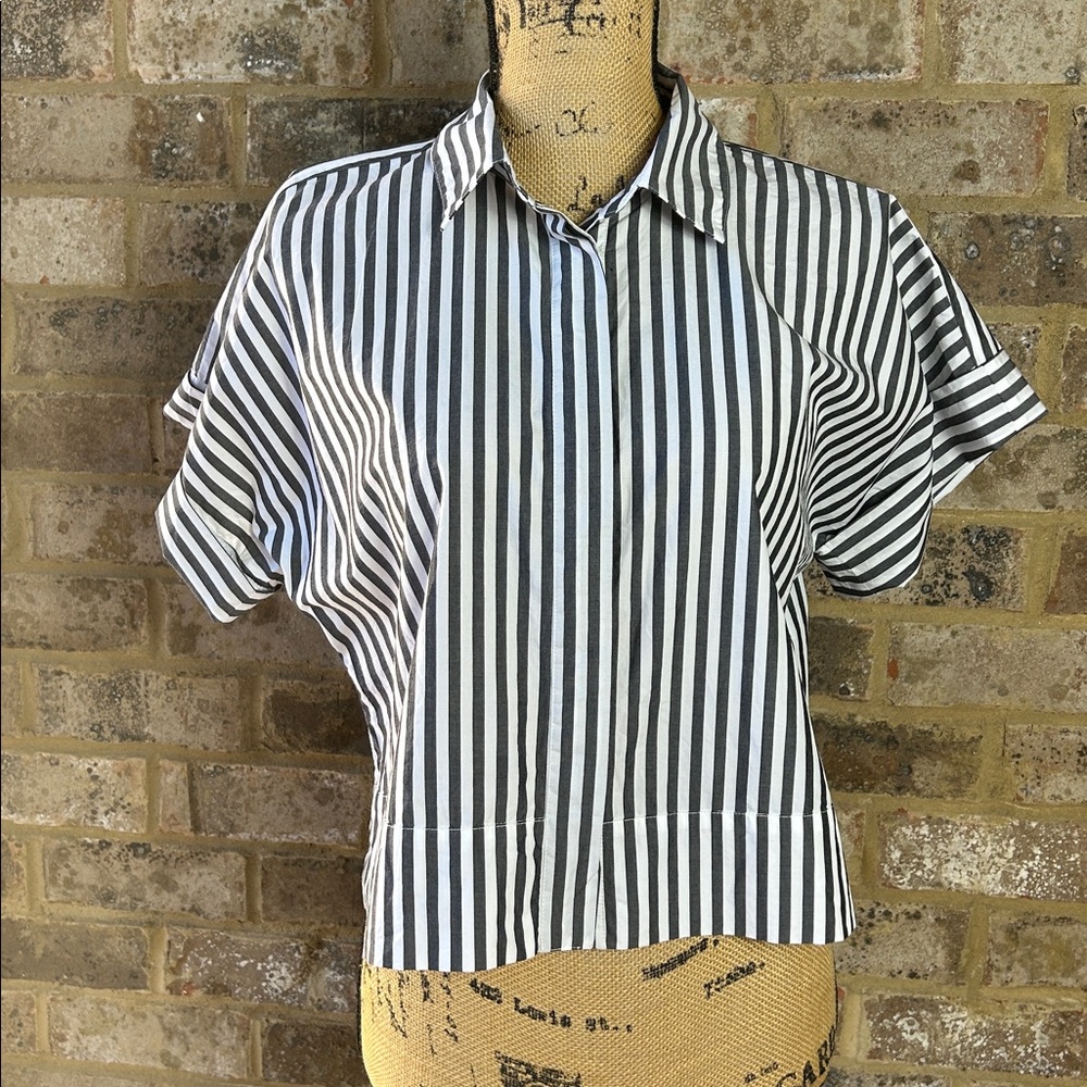 LOFT Black and White Vertical Stripe Button-Up Short Sleeve Top